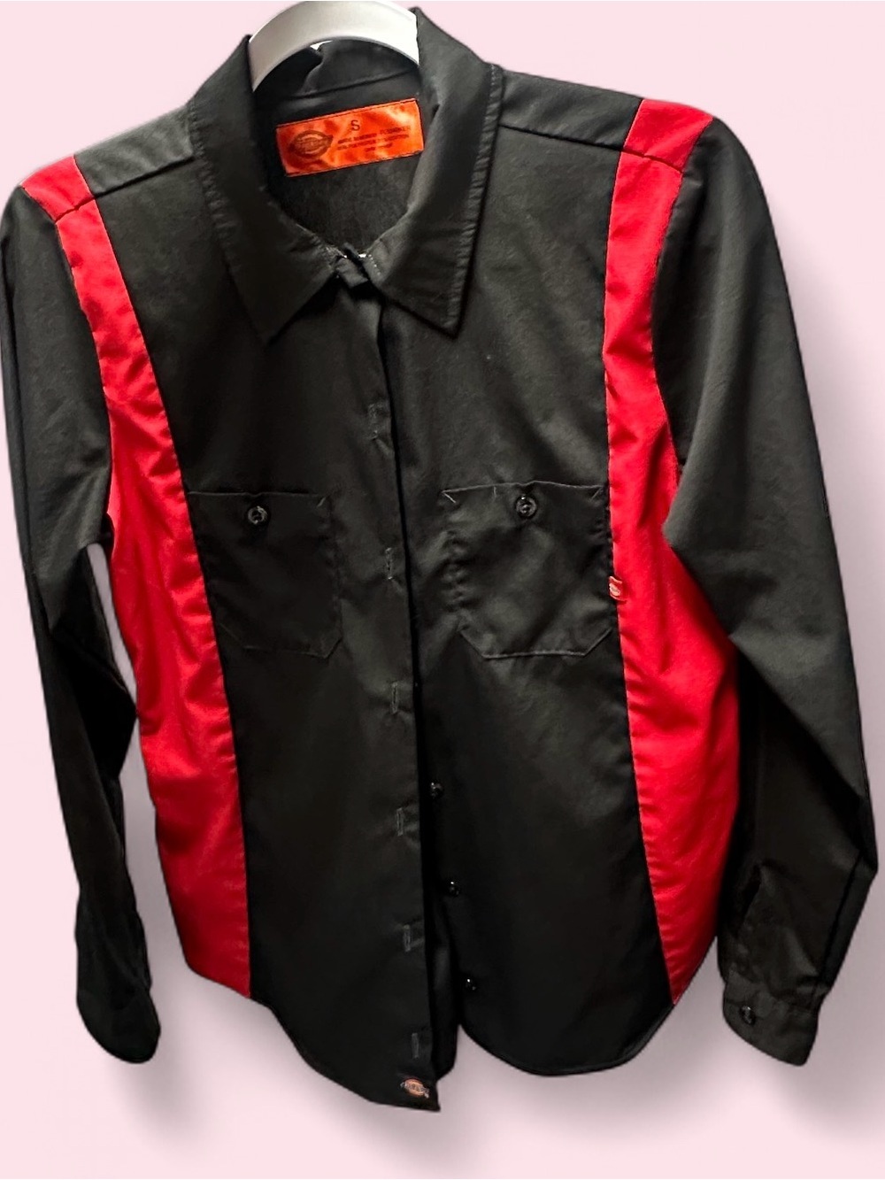 Dickies Women's Black Button-Down Shirt with Red Side Panels